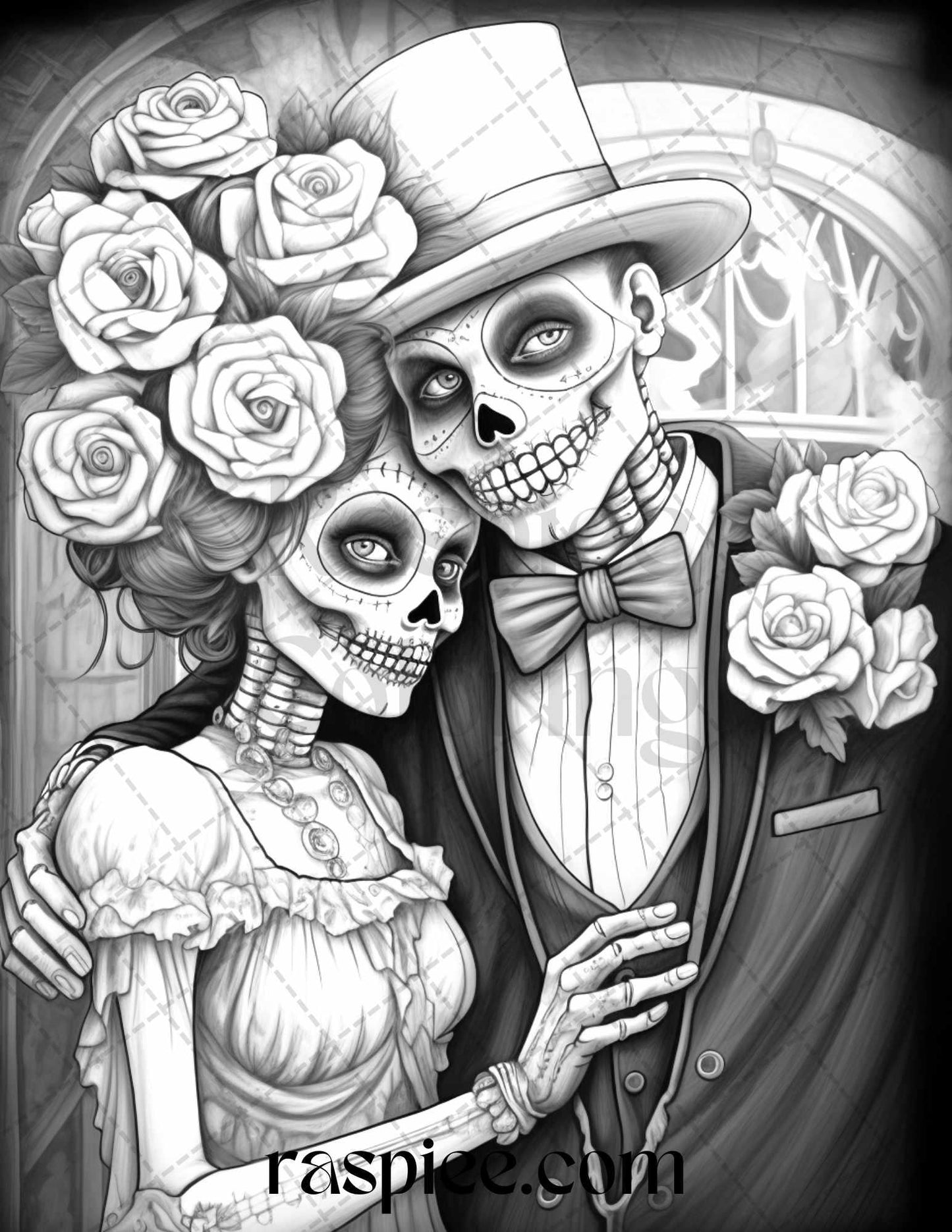 50 Day of the Dead Grayscale Coloring Pages Printable for Adults, PDF File Instant Download