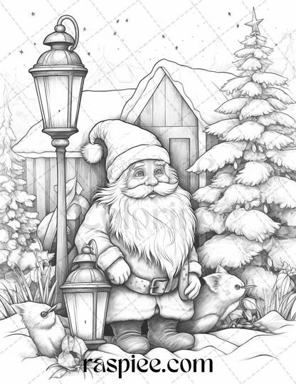 60 Christmas Gnomes Grayscale Coloring Pages Printable for Adults and Kids, PDF File Instant Download