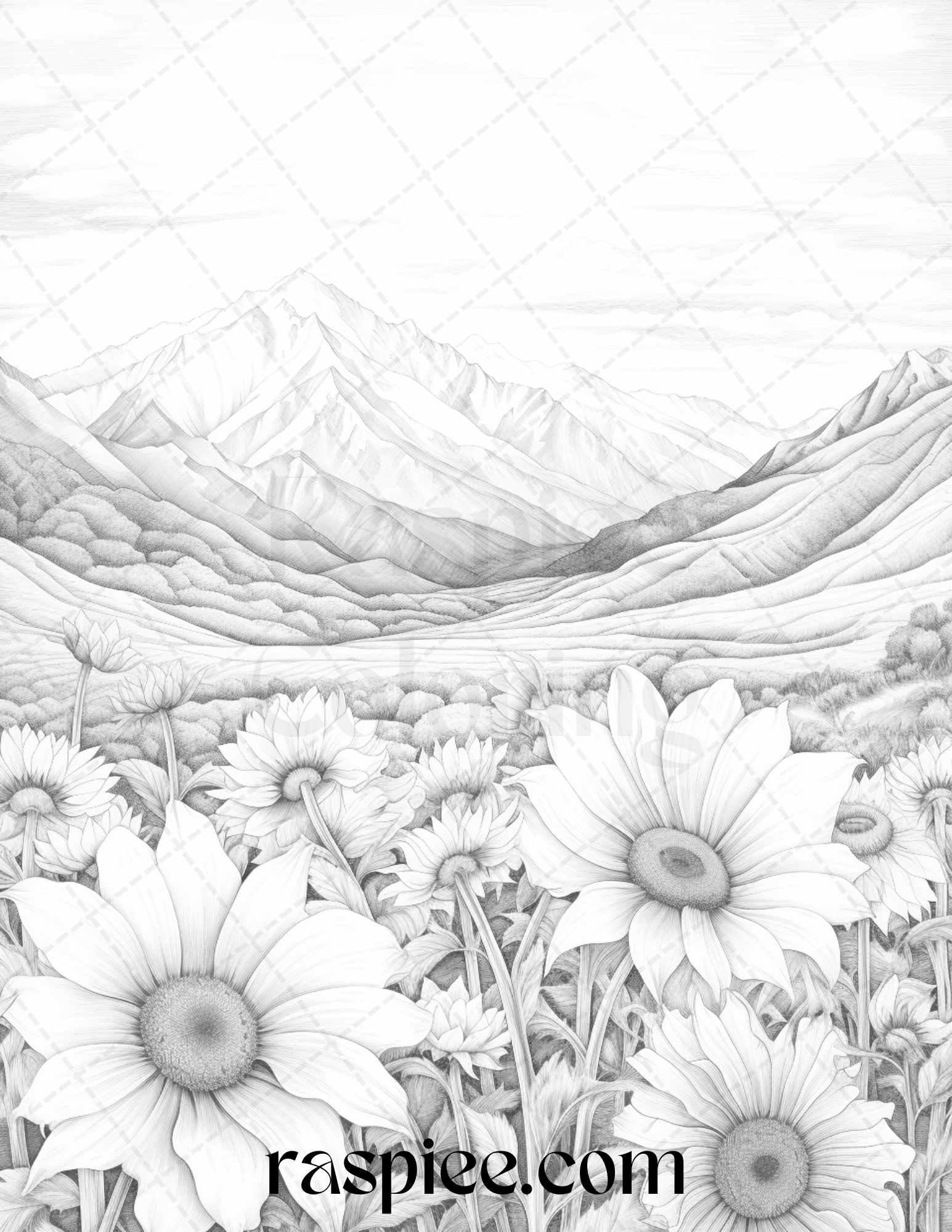 60 Mountain Flower Landscapes Grayscale Coloring Pages Printable for Adults, PDF File Instant Download