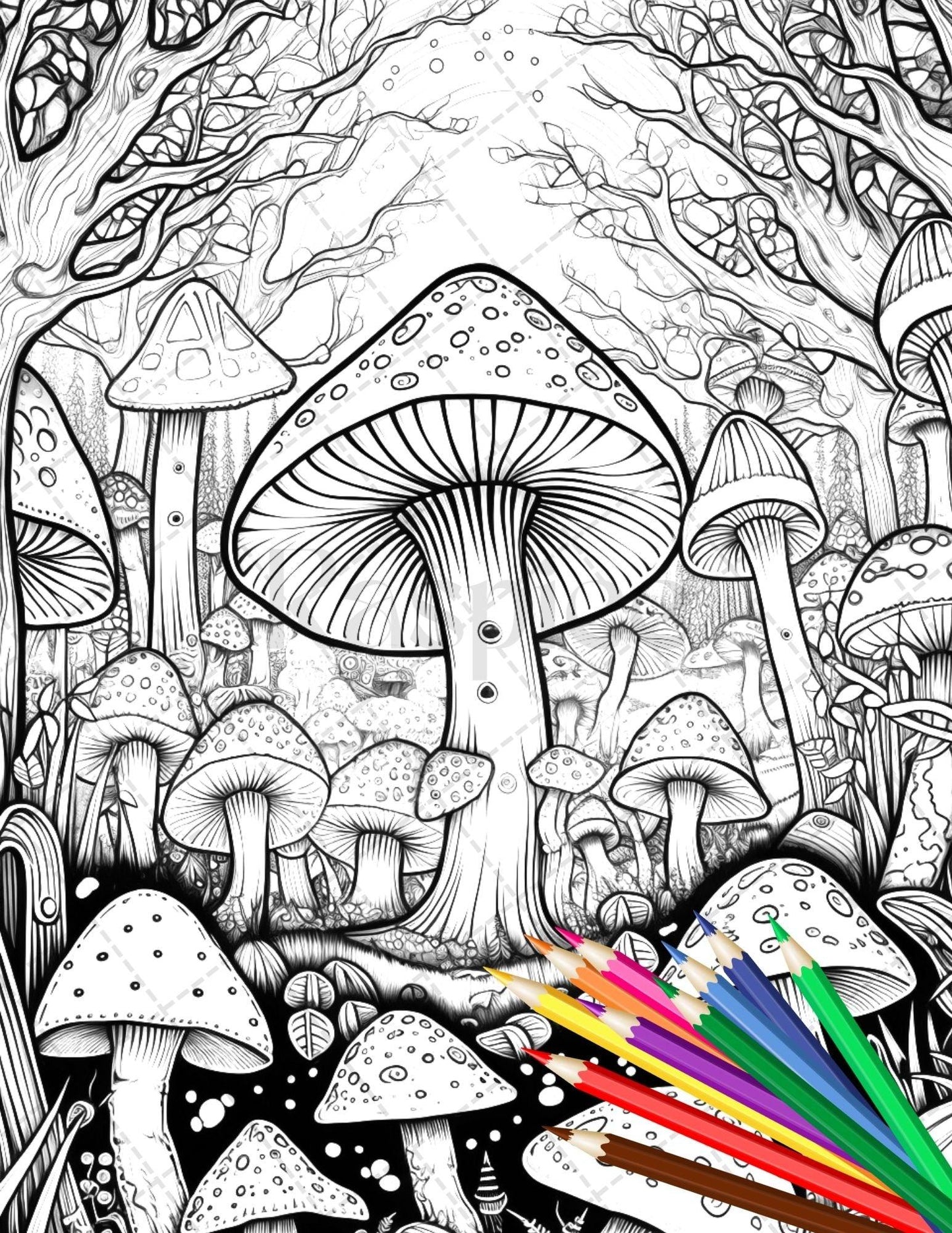 Psychedelic Mushroom Forest Coloring Book Printable for Adults, Trippy Grayscale Coloring Page, PDF File Instant Download