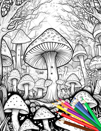 Psychedelic Mushroom Forest Coloring Book Printable for Adults, Trippy Grayscale Coloring Page, PDF File Instant Download