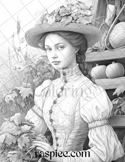 60 Victorian Autumn Portrait Grayscale Coloring Pages Printable for Adults, PDF File Instant Download