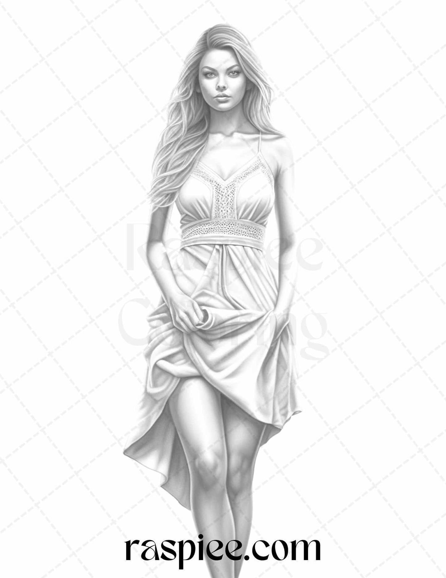Fashion Show Grayscale Coloring Pages Printable for Adults, PDF File Instant Download
