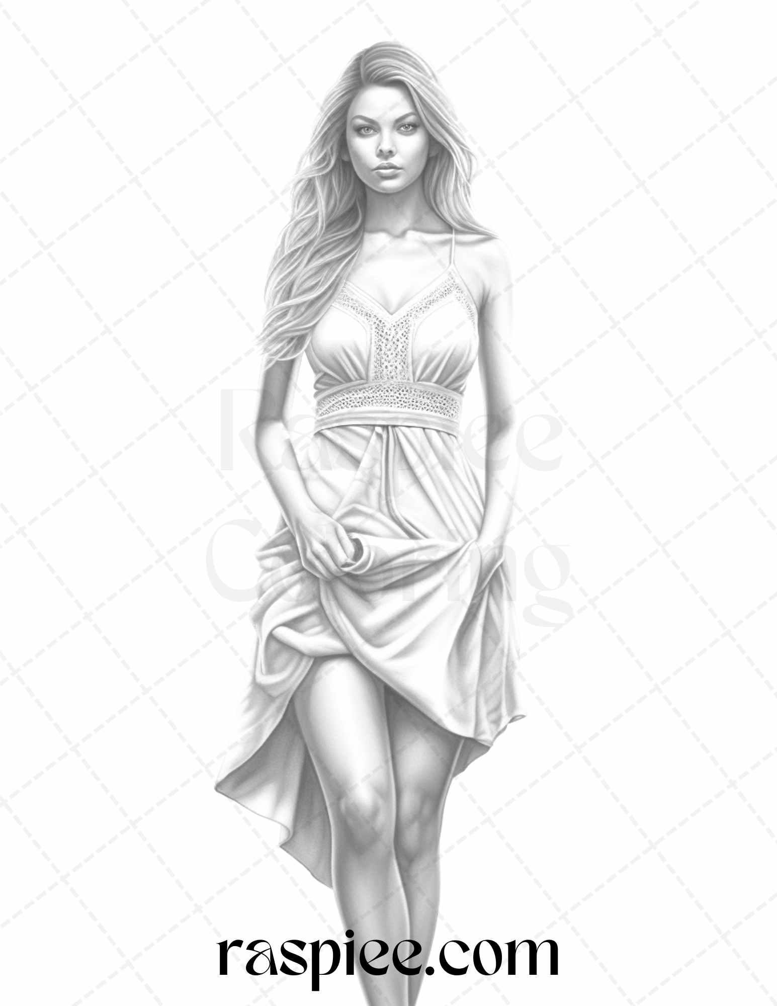 Fashion Show Grayscale Coloring Pages Printable for Adults, PDF File Instant Download