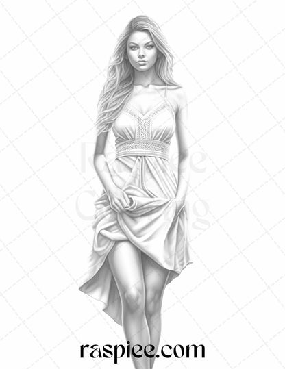 Fashion Show Grayscale Coloring Pages Printable for Adults, PDF File Instant Download