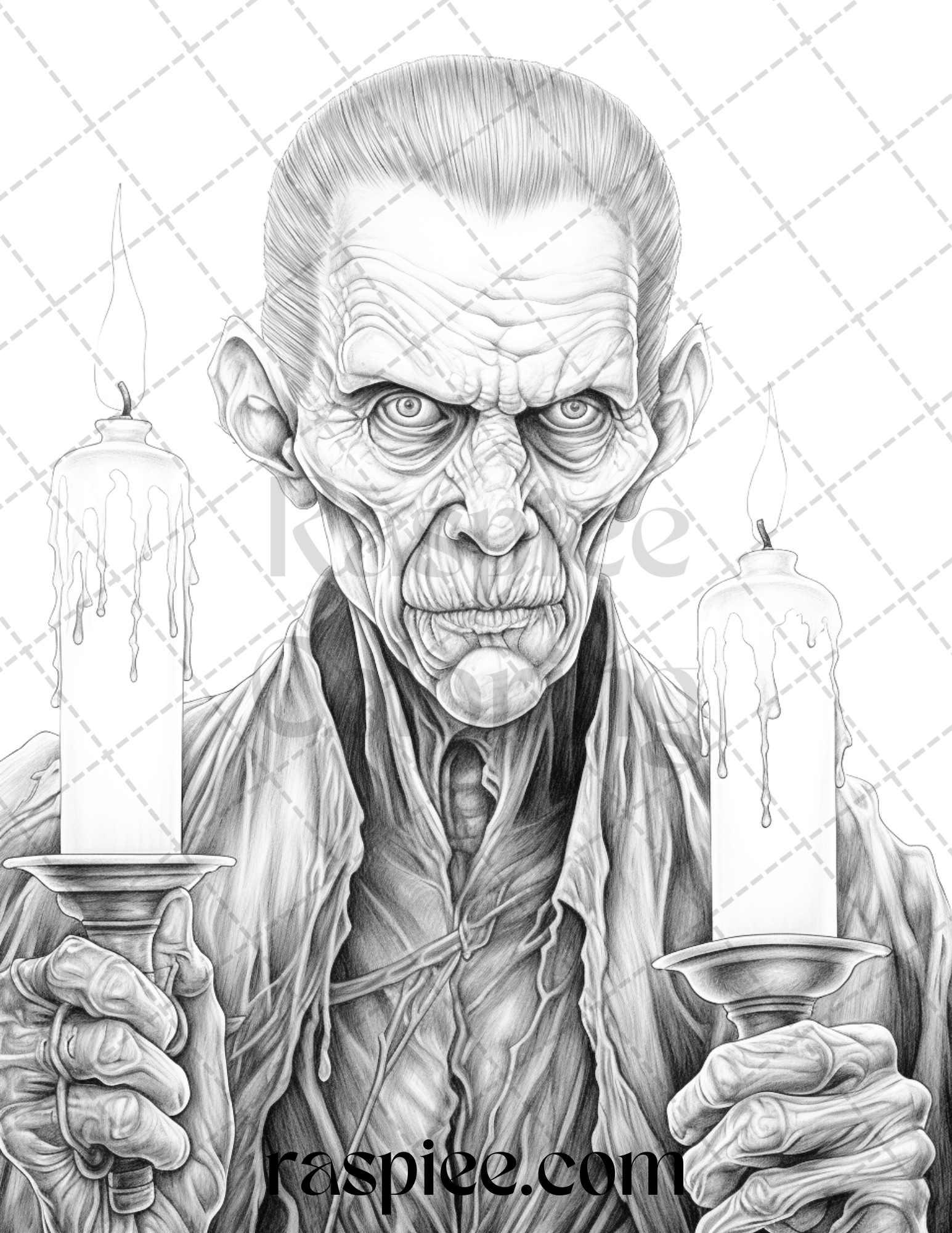 60 Halloween Vampire Grayscale Coloring Pages Printable for Adults, PDF File Instant Download