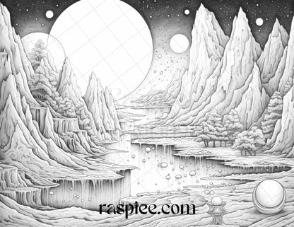 55 Celestial Landscapes Grayscale Coloring Pages Printable for Adults, PDF File Instant Download