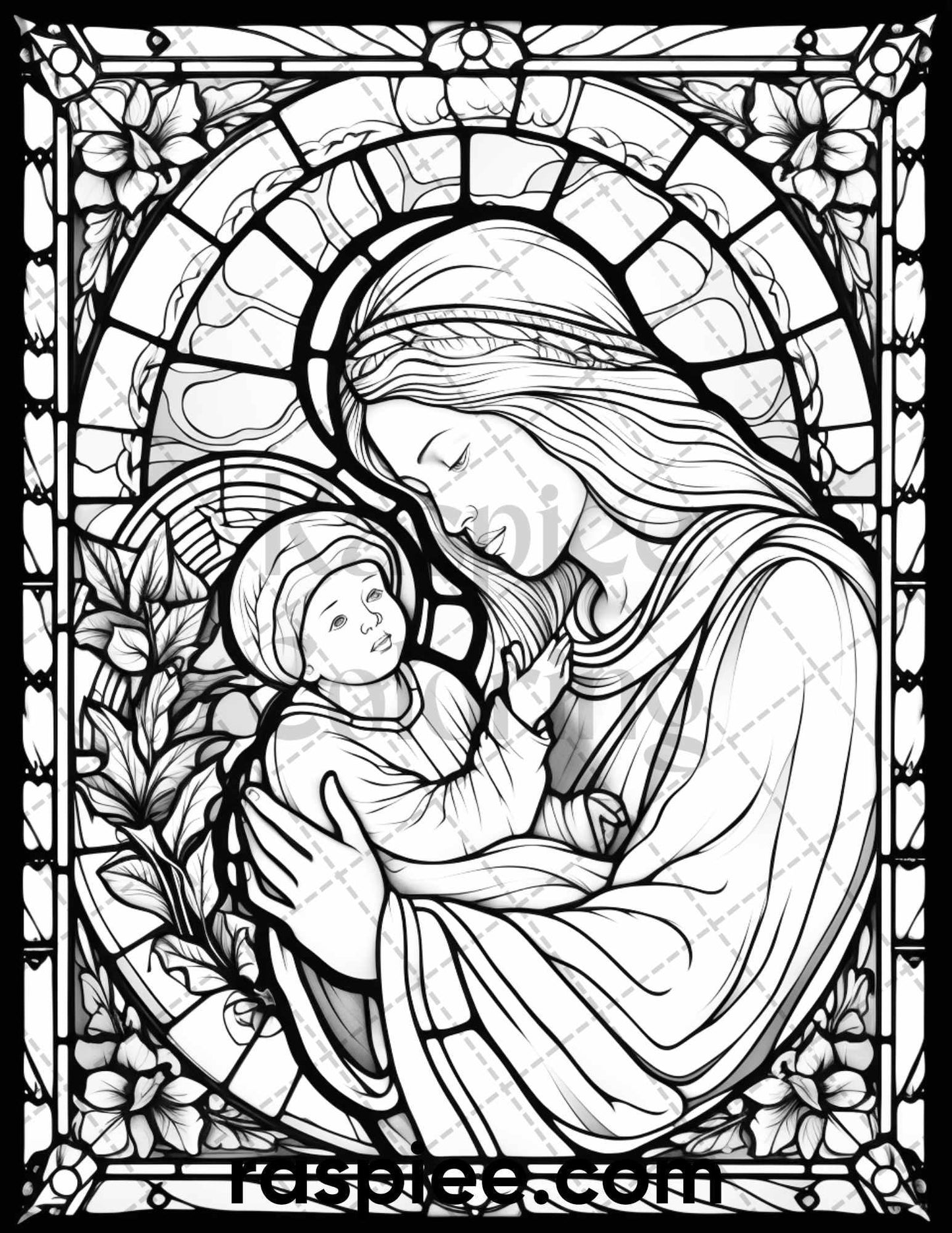 50 Christmas Stained Glass Grayscale Coloring Pages for Adults, Printable PDF File Instant Download