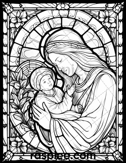 50 Christmas Stained Glass Grayscale Coloring Pages for Adults, Printable PDF File Instant Download