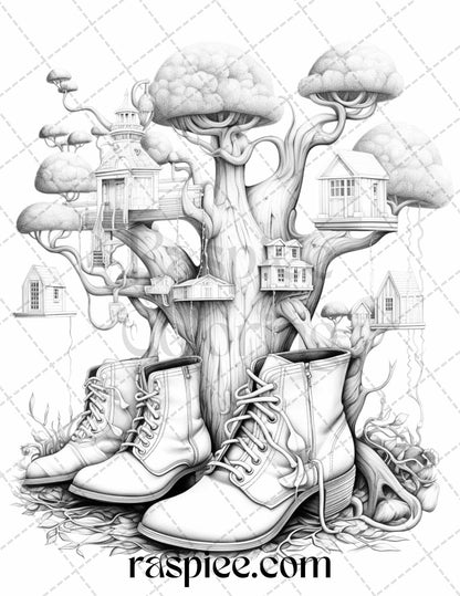 60 Enchanting Surrealism Grayscale Coloring Pages Printable for Adults, PDF File Instant Download