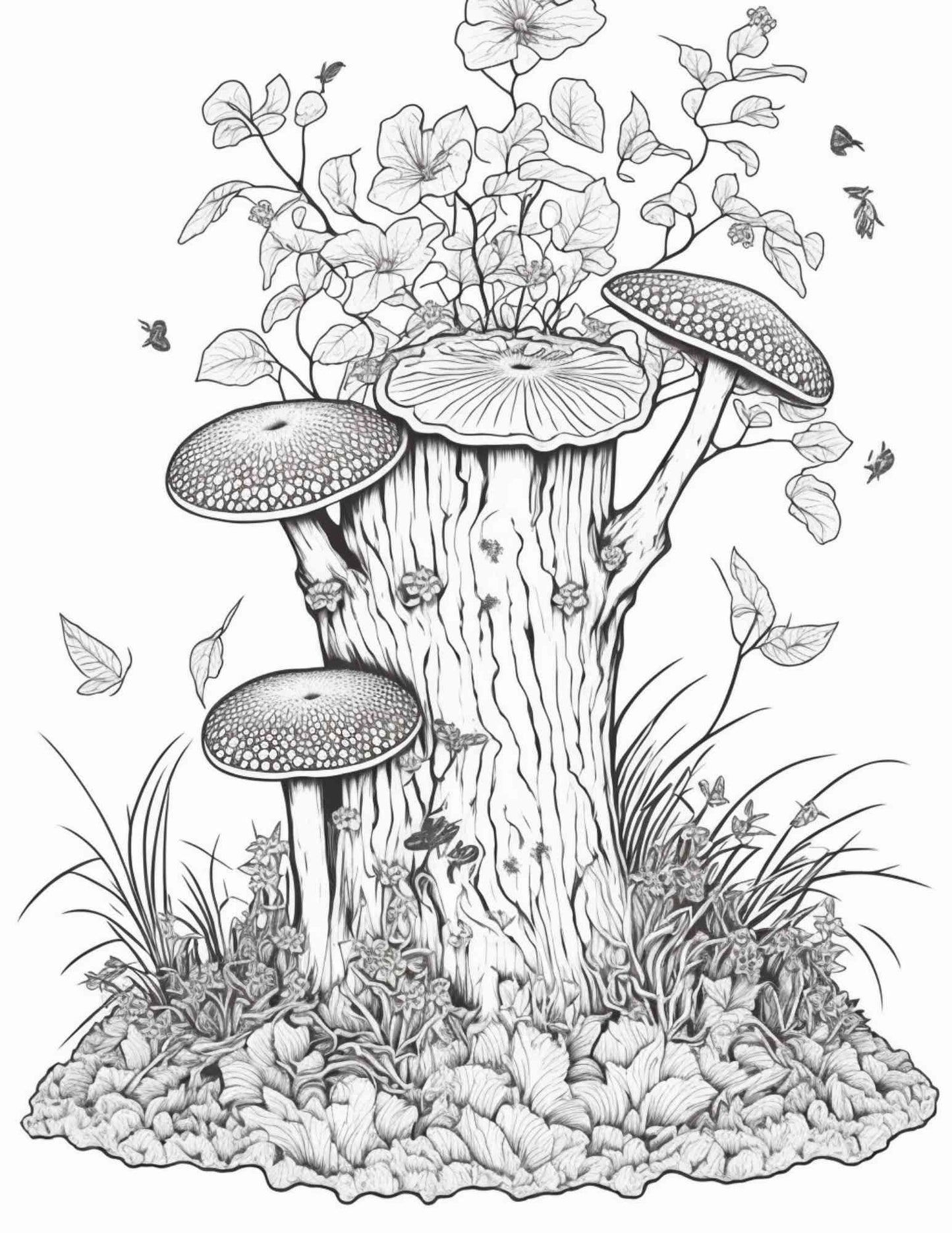 100 Mushroom Forest Coloring Pages Printable for Adults and Kids, Grayscale Coloring Book, Printable PDF File Instant Download