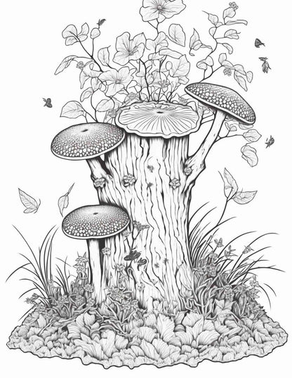 100 Mushroom Forest Coloring Pages Printable for Adults and Kids, Grayscale Coloring Book, Printable PDF File Instant Download