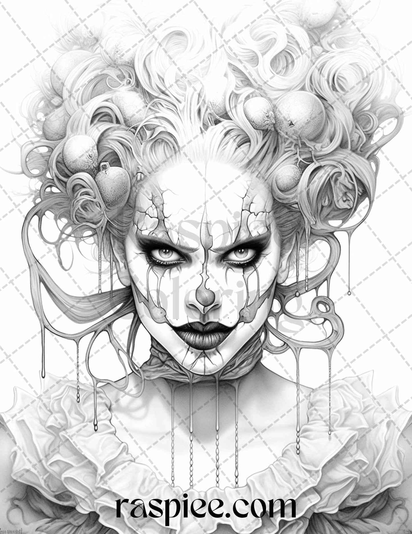 50 Scary Clown Girls Grayscale Coloring Pages Printable for Adults, PDF File Instant Download
