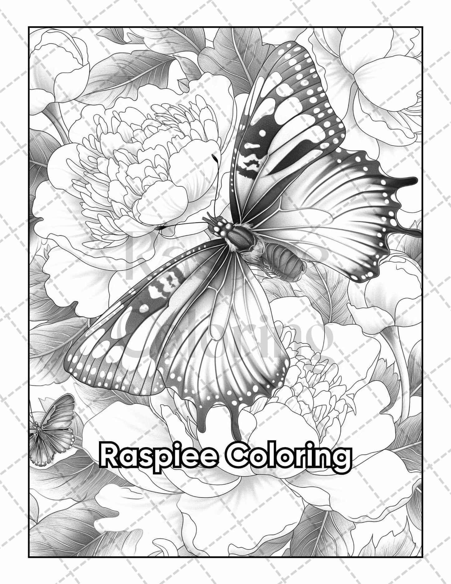 50 Butterflies & Flowers Grayscale Adult Coloring Pages Printable PDF Instant Download