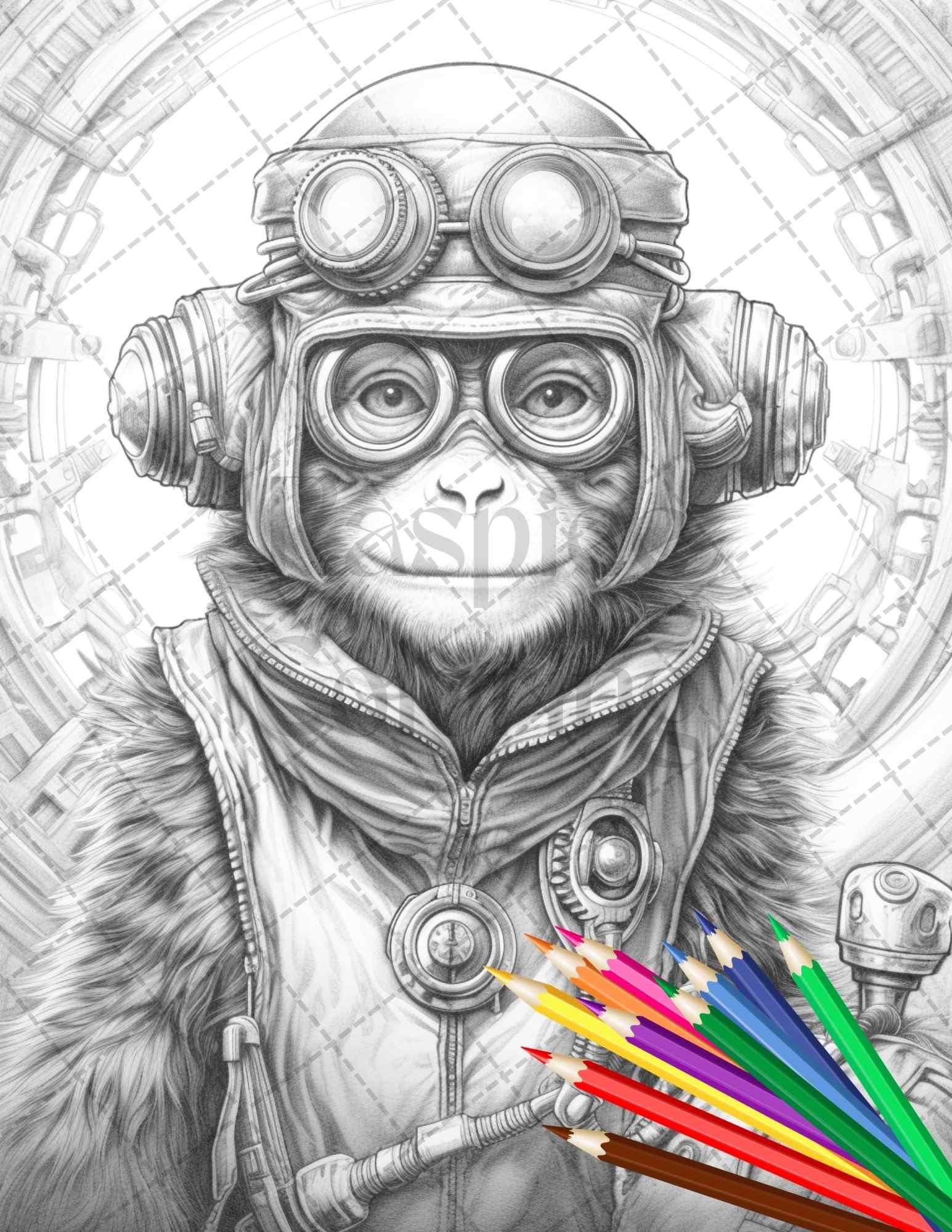 60 Steampunk Animals Grayscale Coloring Pages Printable for Adults, PDF File Instant Download