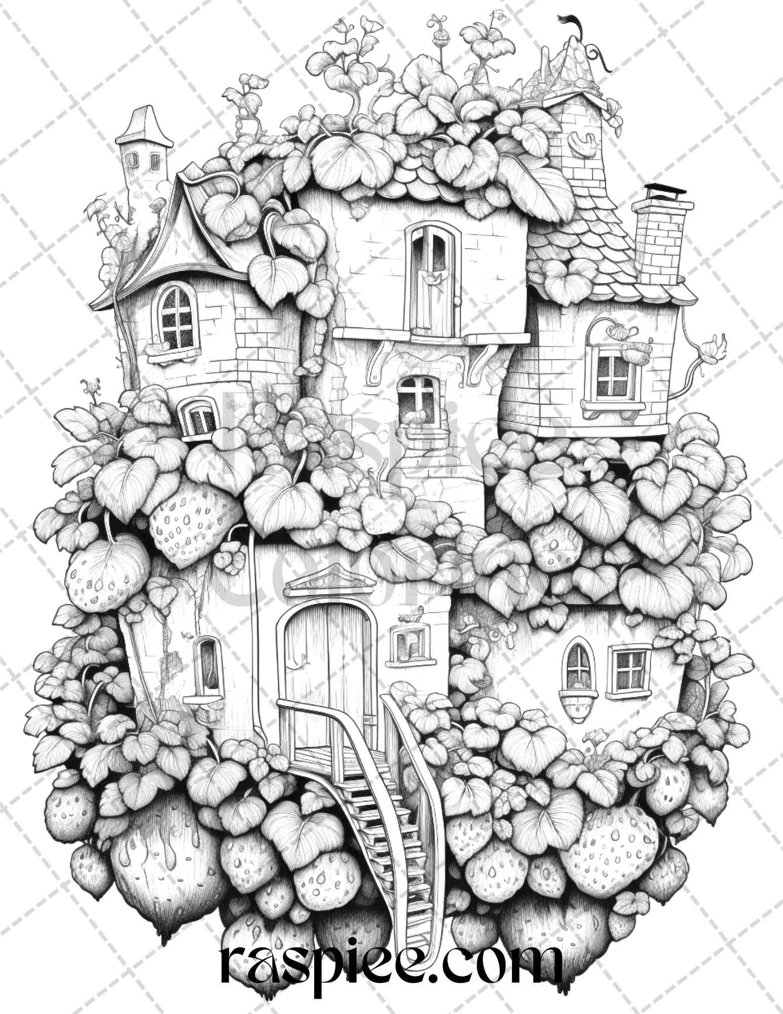 50 Strawberry Houses Grayscale Coloring Pages Printable for Adults Kids, PDF File Instant Download