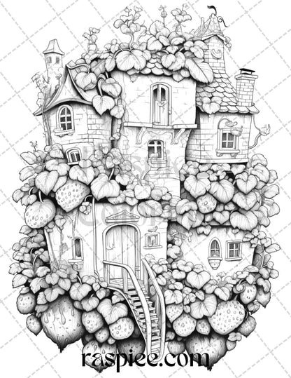 50 Strawberry Houses Grayscale Coloring Pages Printable for Adults Kids, PDF File Instant Download