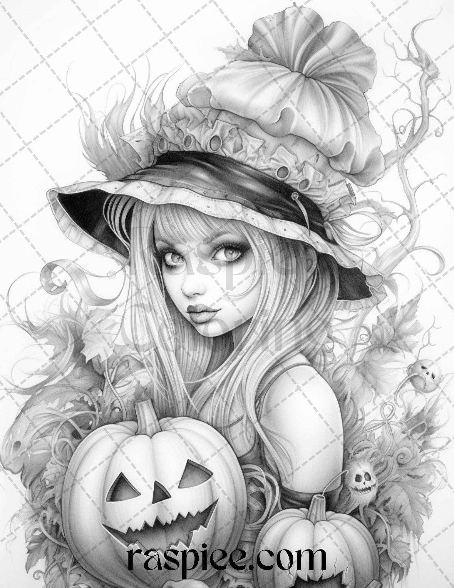 55 Halloween Girls Grayscale Coloring Pages Printable for Adults, PDF File Instant Download