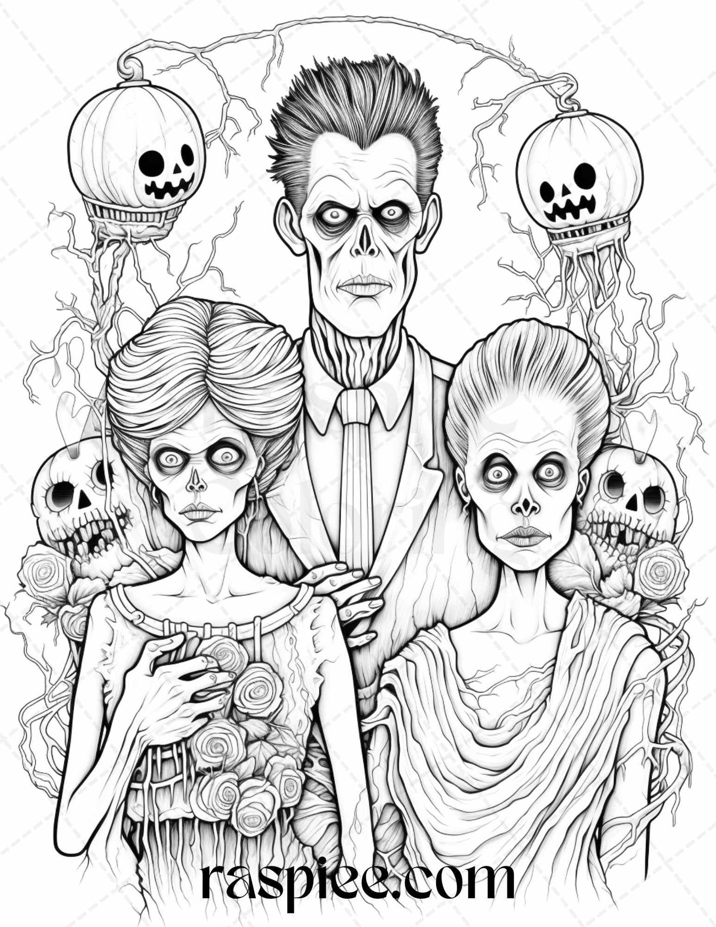 50 Monster Family Grayscale Coloring Pages Printable for Adults - Instant Download, Halloween Coloring Book, Fun and Spooky Designs