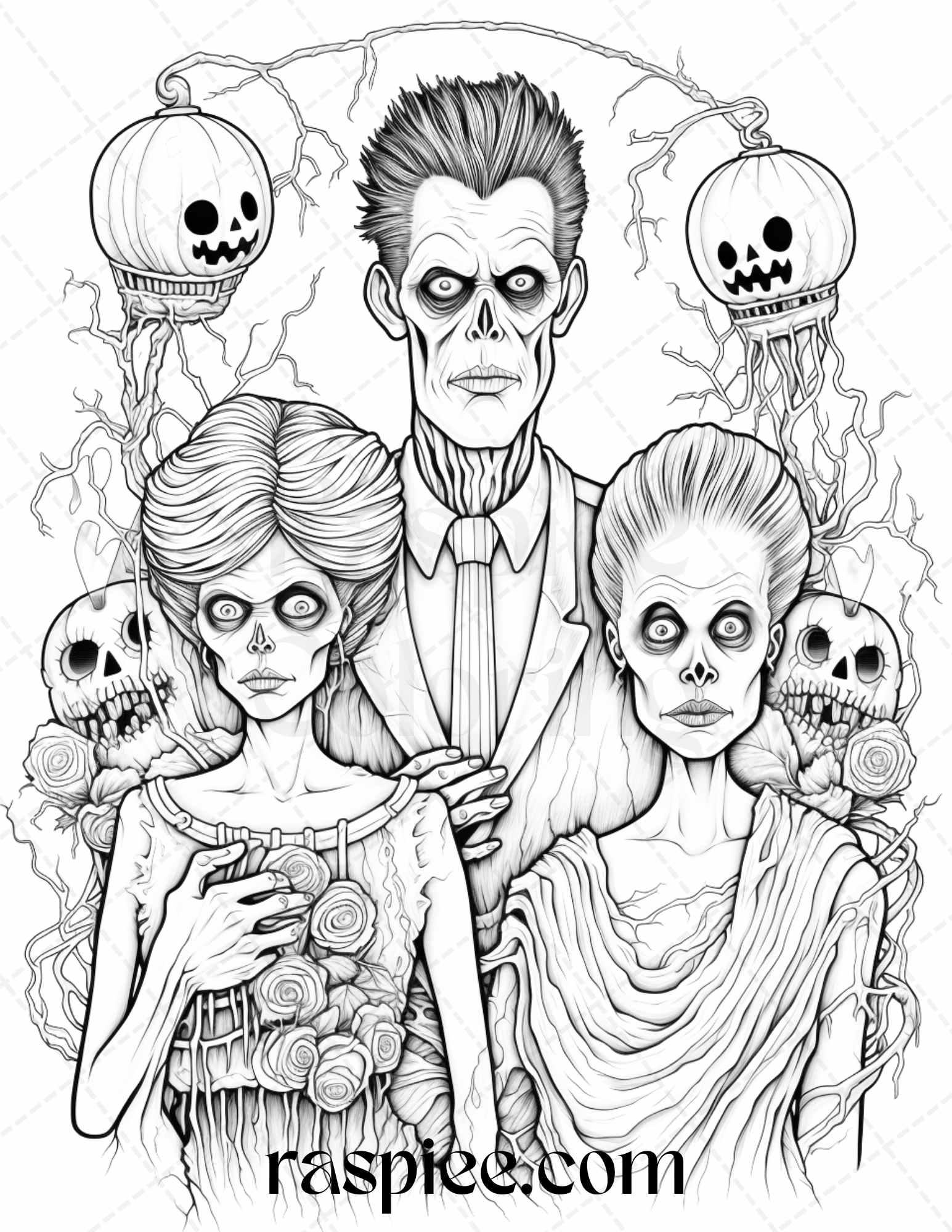 50 Monster Family Grayscale Coloring Pages Printable for Adults - Instant Download, Halloween Coloring Book, Fun and Spooky Designs