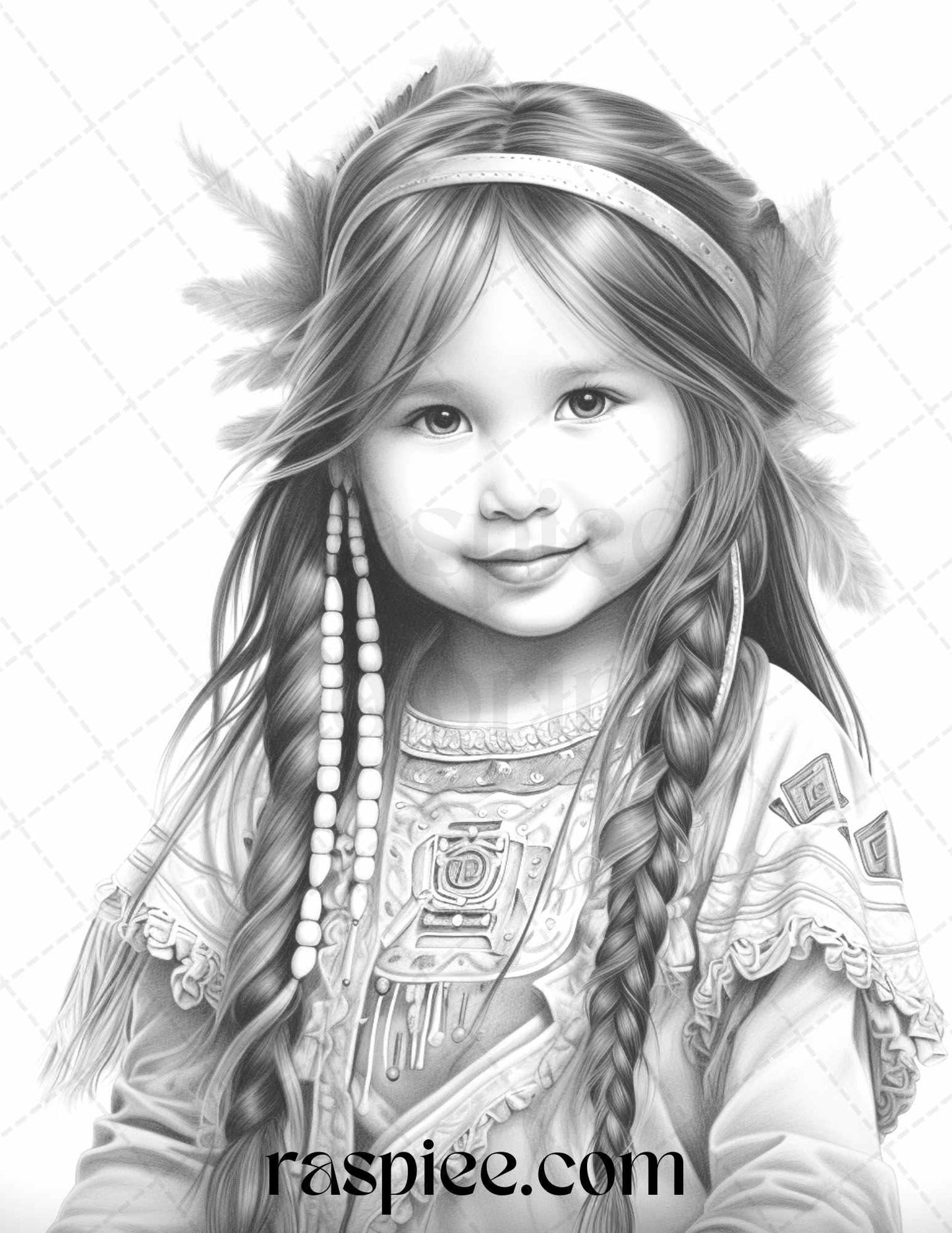 50 Native American Little Girls Boys Grayscale Coloring Pages Printable for Adults Kids, PDF File Instant Download