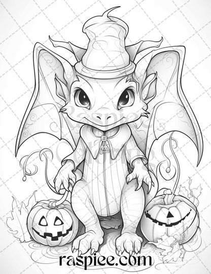 50 Cute Pumpkin Dragons Graycale Coloring Pages for Adults and Kids, Printable PDF File Instant Download
