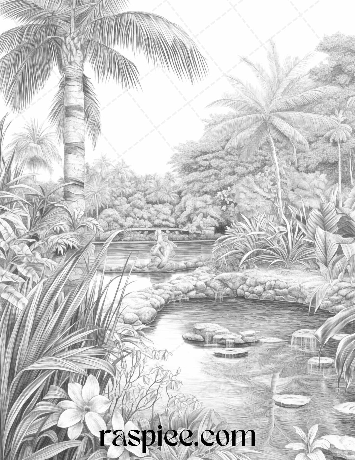 52 Tropical Oasis Grayscale Coloring Pages Printable for Adults, PDF File Instant Download