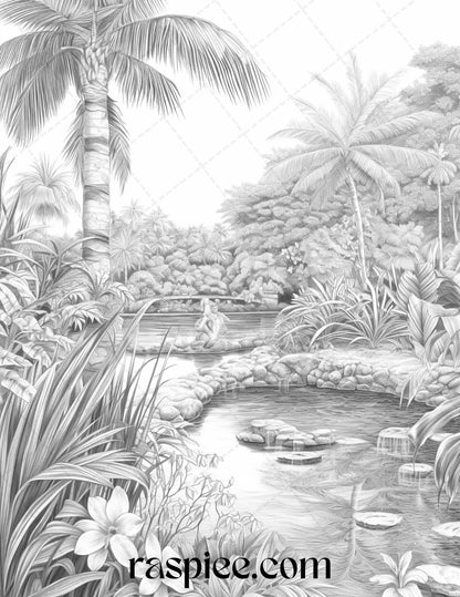 52 Tropical Oasis Grayscale Coloring Pages Printable for Adults, PDF File Instant Download