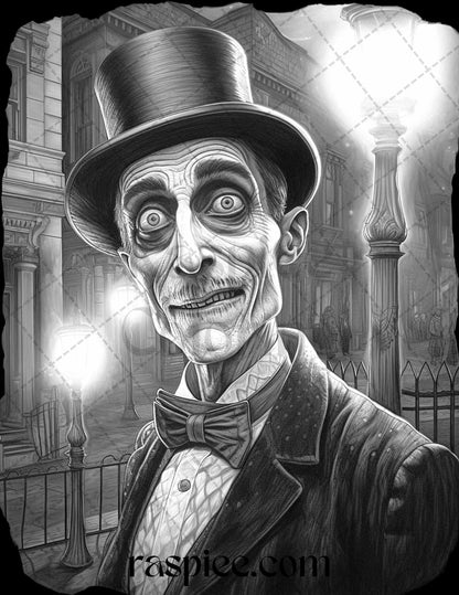 60 Halloween Victorian Era Grayscale Coloring Pages Printable for Adults, PDF File Instant Download