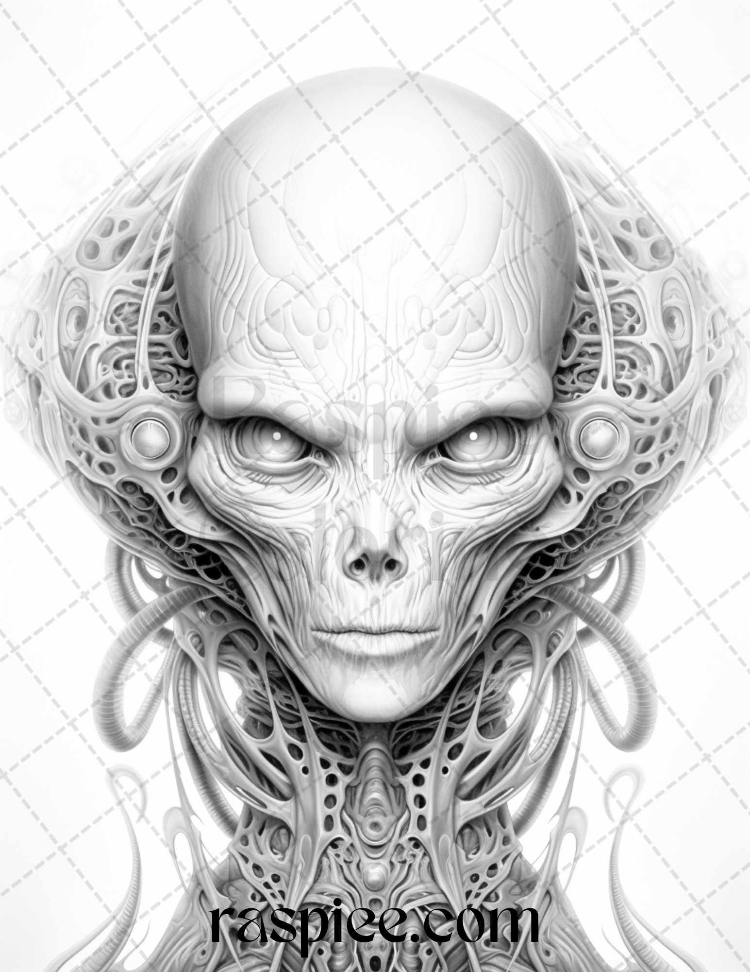 65 Alien Portrait Grayscale Coloring Pages for Adults, Printable PDF File Instant Download