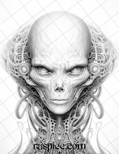 65 Alien Portrait Grayscale Coloring Pages for Adults, Printable PDF File Instant Download