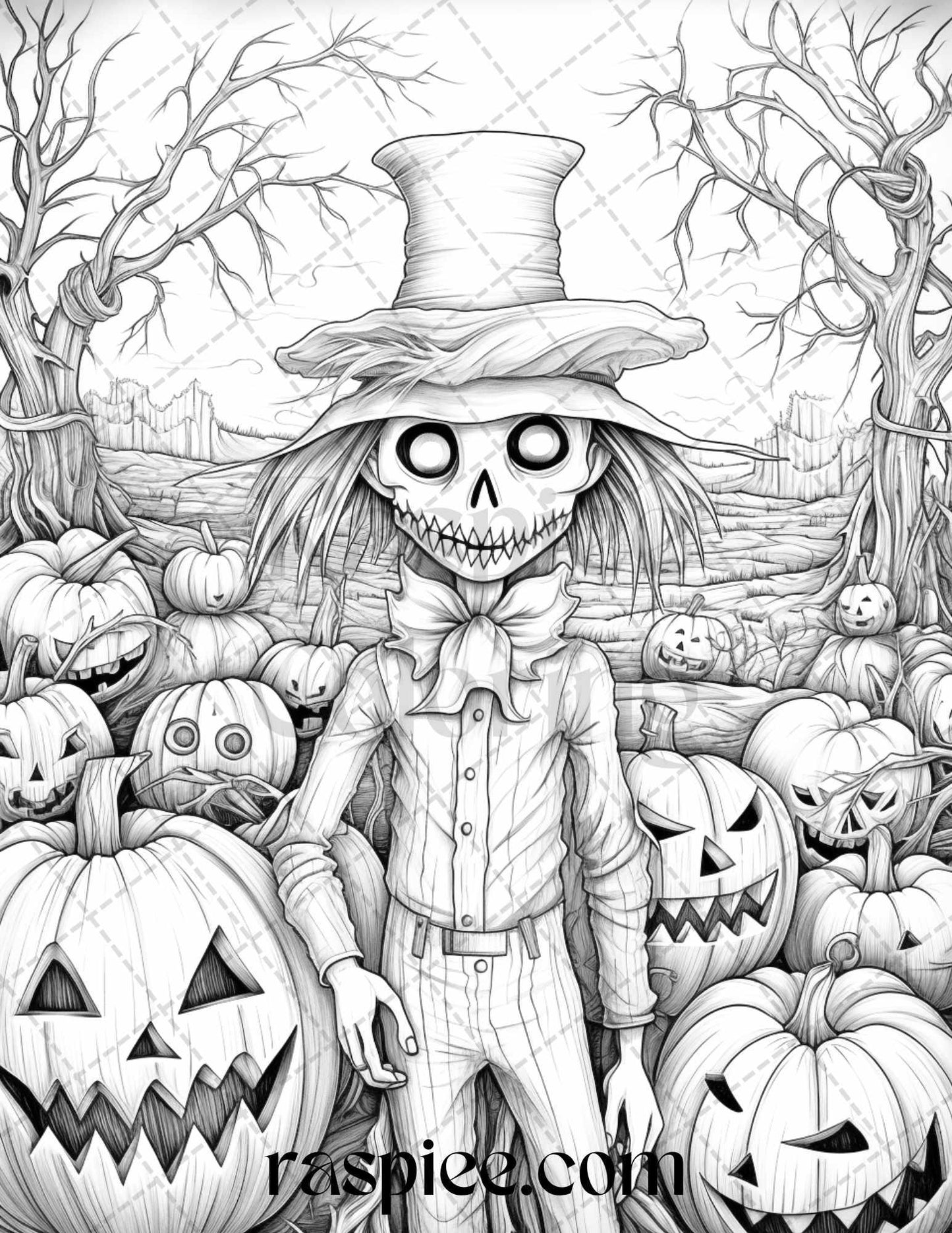 50 Halloween Scarecrows Grayscale Coloring Pages Printable for Adults, PDF File Instant Download