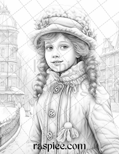 60 Victorian Winter Portrait Grayscale Coloring Pages Printable for Adults, PDF File Instant Download