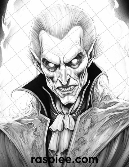50 Count Dracula Grayscale Coloring Pages Printable for Adults, PDF File Instant Download