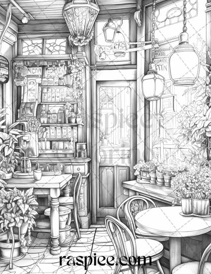 50 Cozy Coffee Shop Grayscale Coloring Pages Printable for Adults, PDF File Instant Download