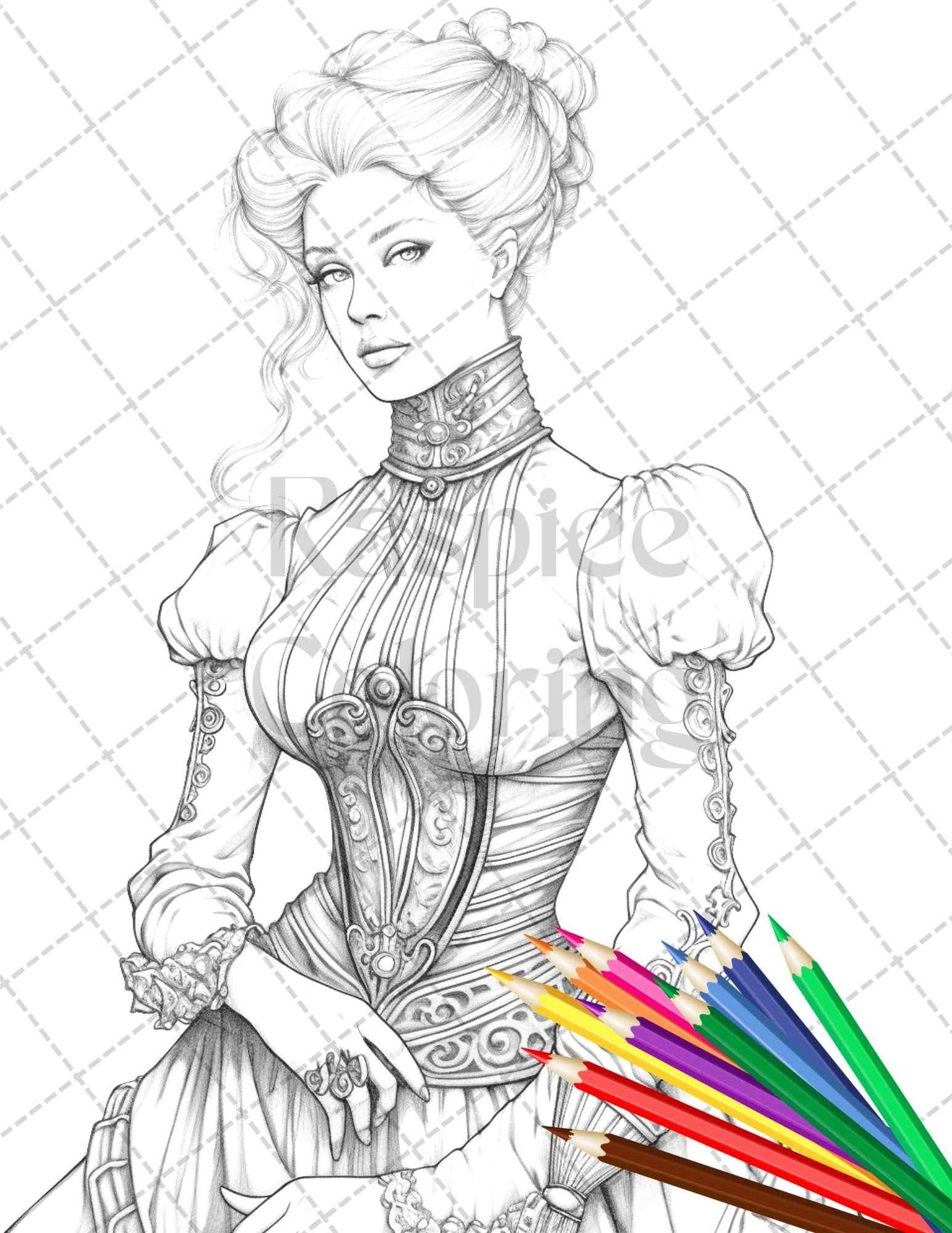 50 Victorian Fashion Grayscale Coloring Pages Printable for Adults, PDF File Instant Download
