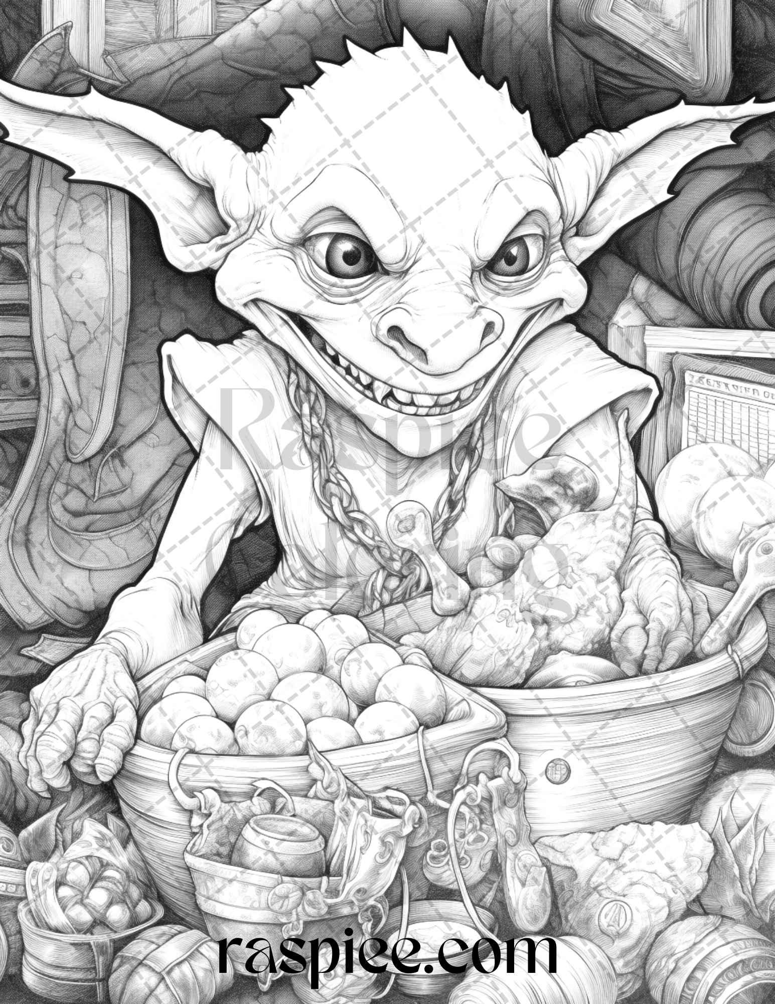 Fantasy Goblins Grayscale Coloring Pages Printable for Adults, PDF File Instant Download