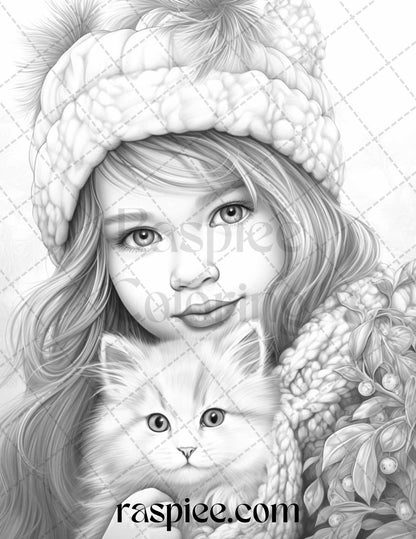 60 Beautiful Winter Girls Grayscale Coloring Pages Printable for Adults, PDF File Instant Download