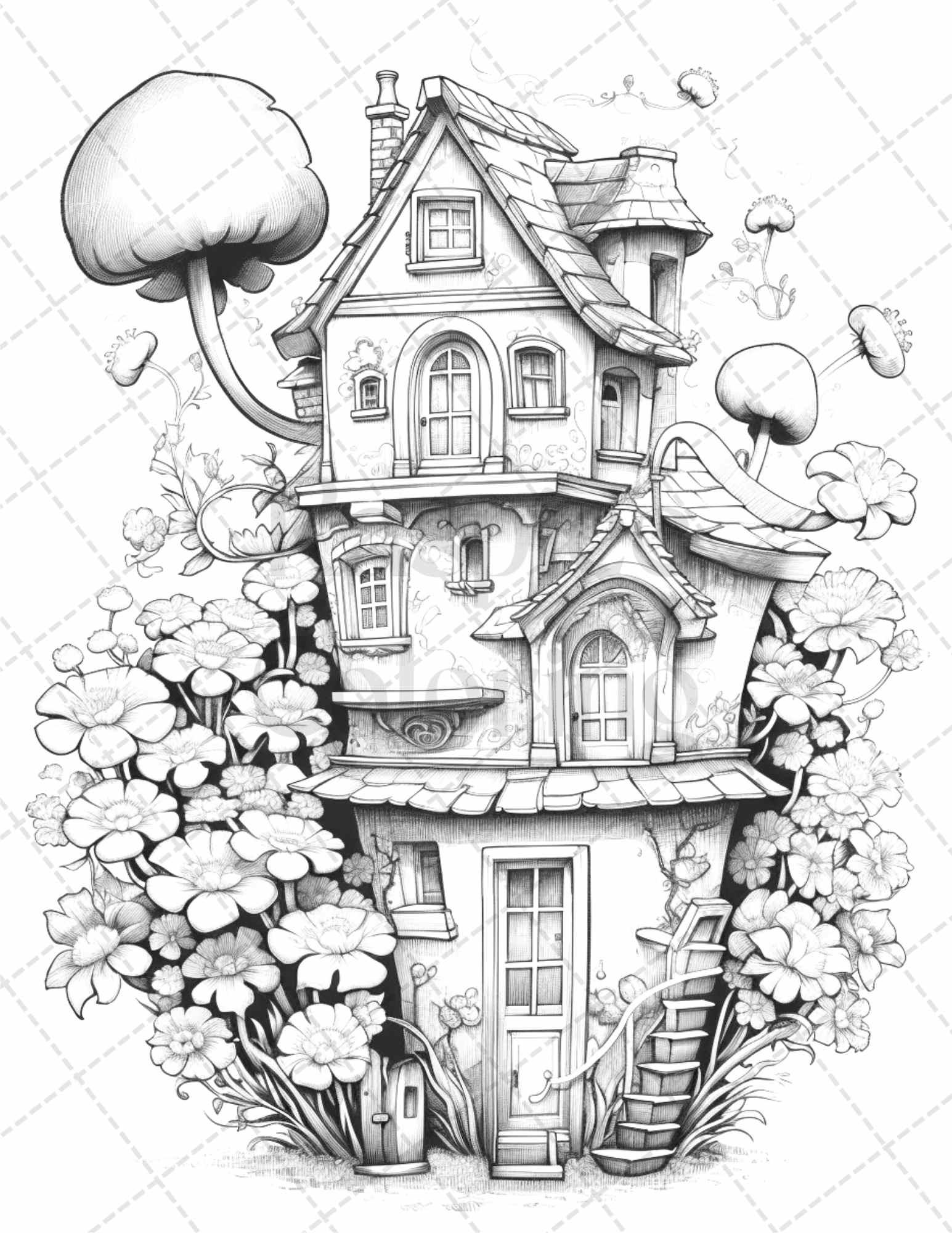 60 Flower Houses Grayscale Coloring Pages Printable for Adults, PDF File Instant Download