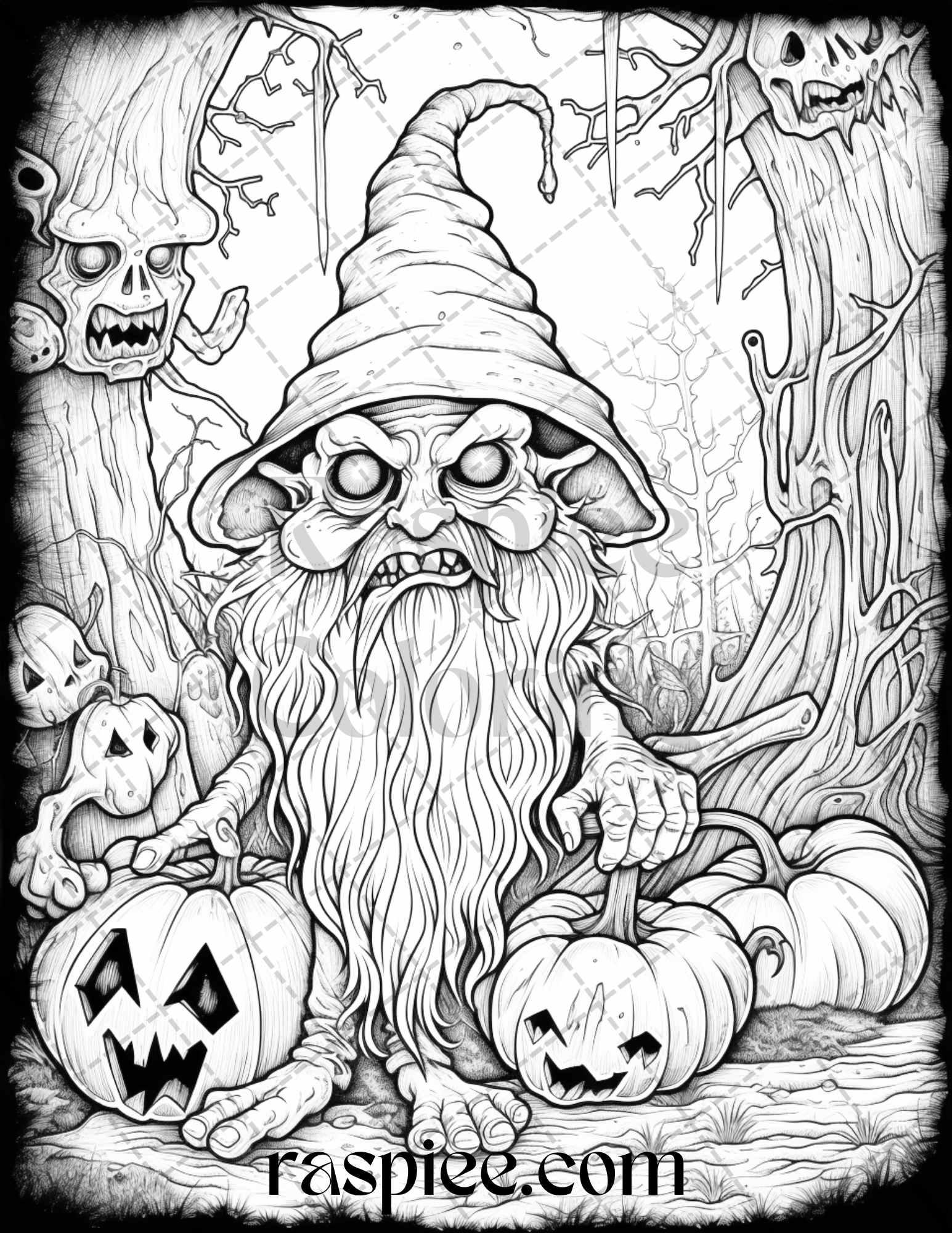 50 Horror Zombie Gnomes Grayscale Coloring Pages Printable for Adults, PDF File Instant Download