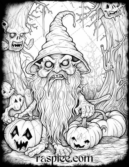 50 Horror Zombie Gnomes Grayscale Coloring Pages Printable for Adults, PDF File Instant Download