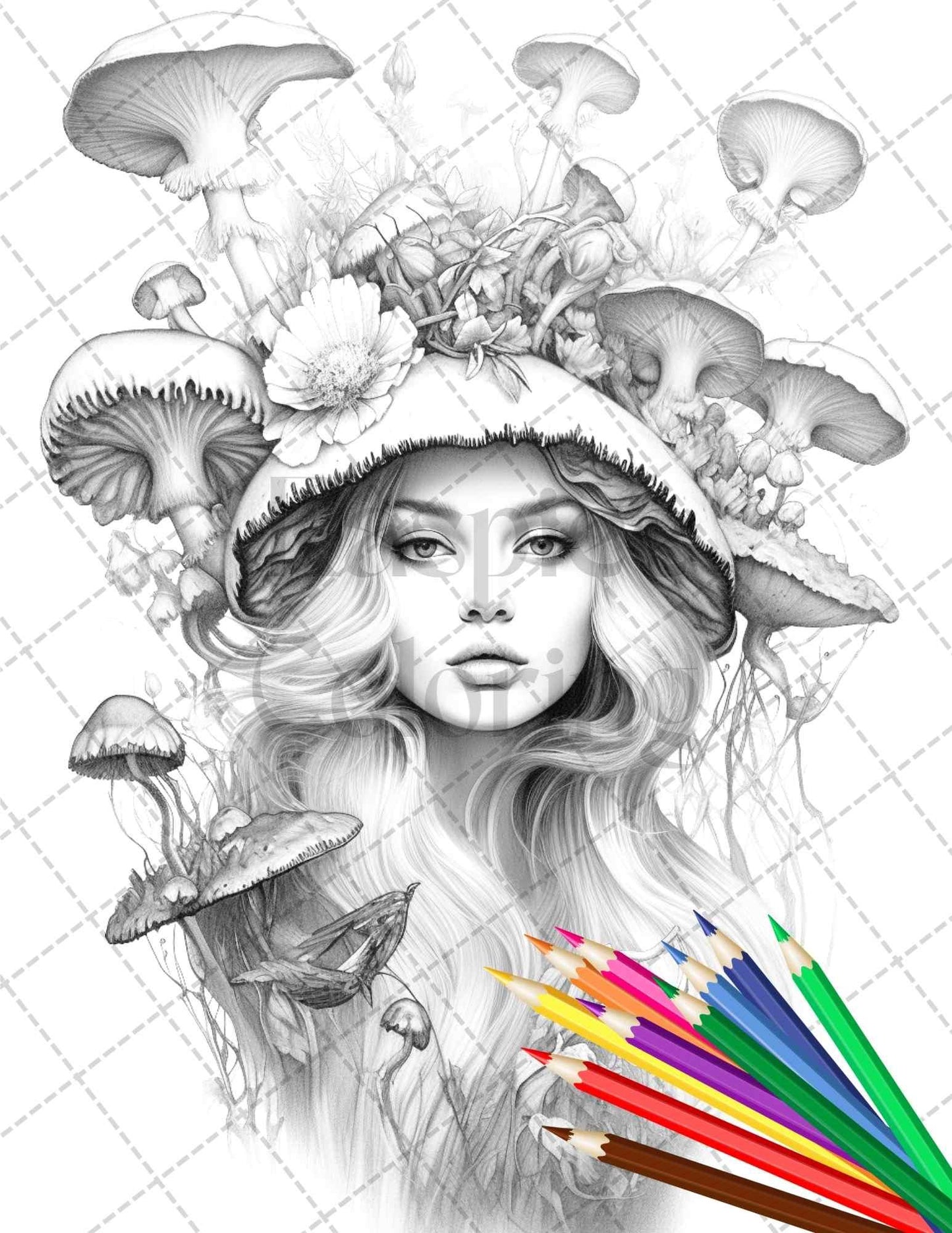 50 Mushroom Fairy Grayscale Coloring Pages Printable for Adults, PDF File Instant Download