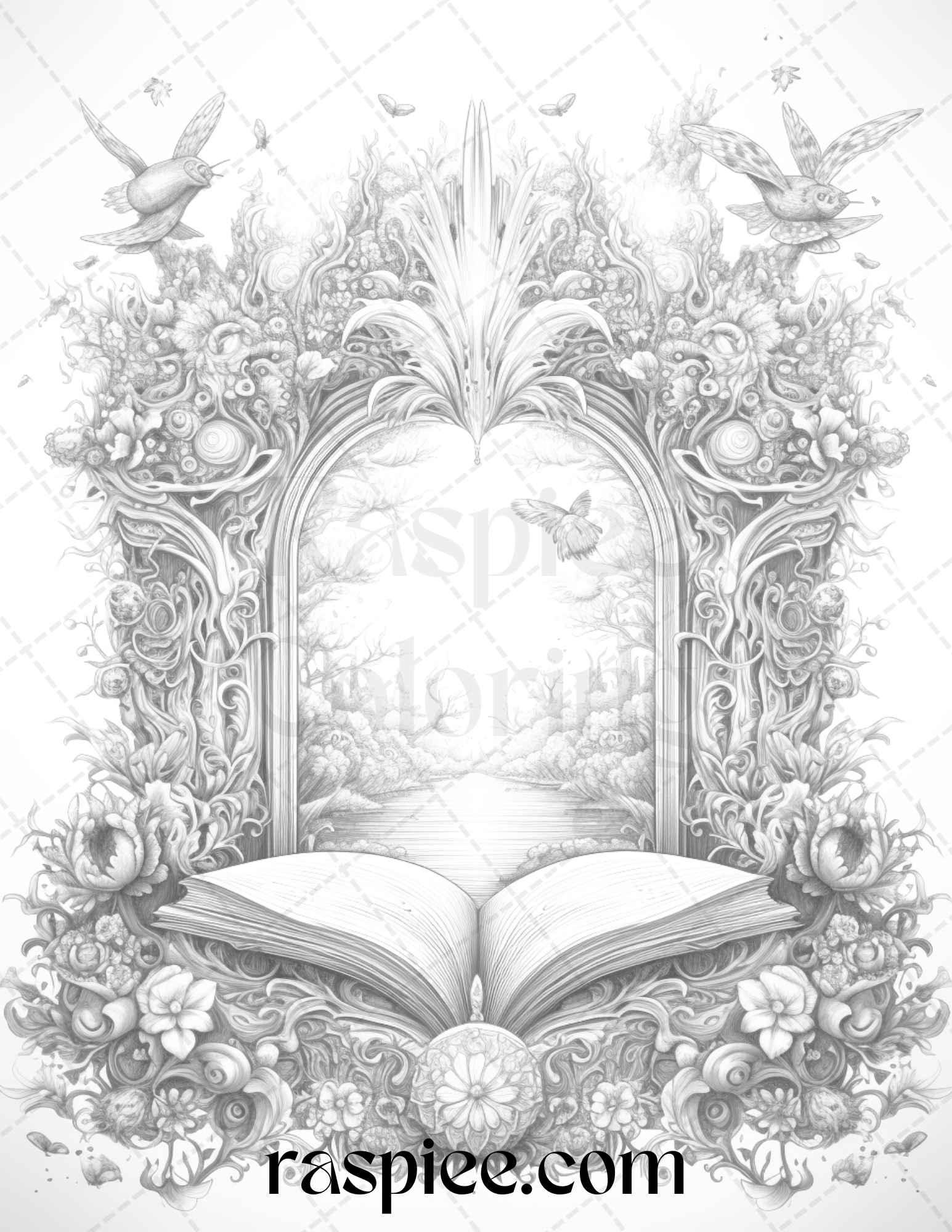 50 Magical Books Grayscale Coloring Pages Printable for Adults, PDF File Instant Download