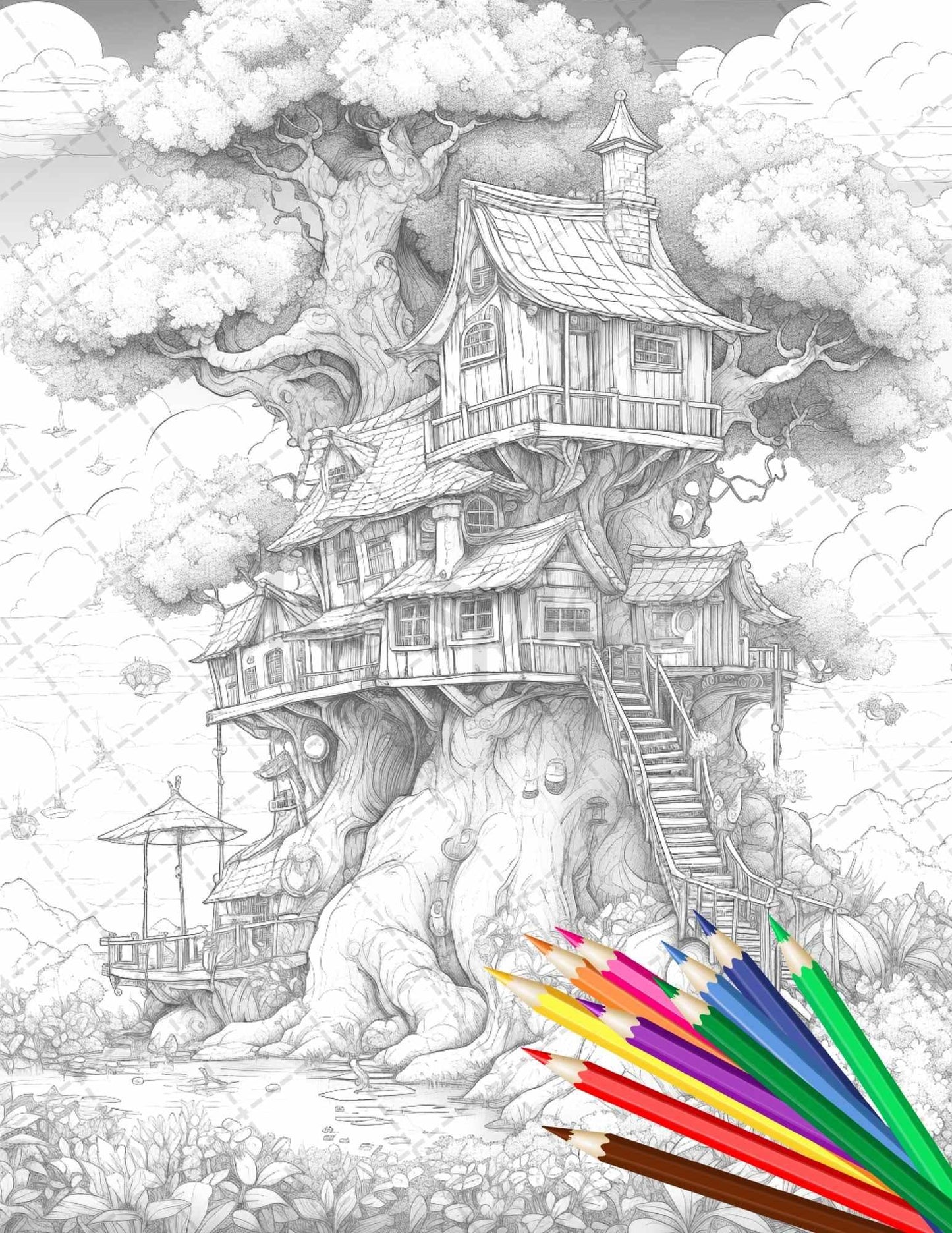 110 Enchanted Treehouse Coloring Book Printable for Adults, Grayscale Coloring Page, PDF File Instant Download