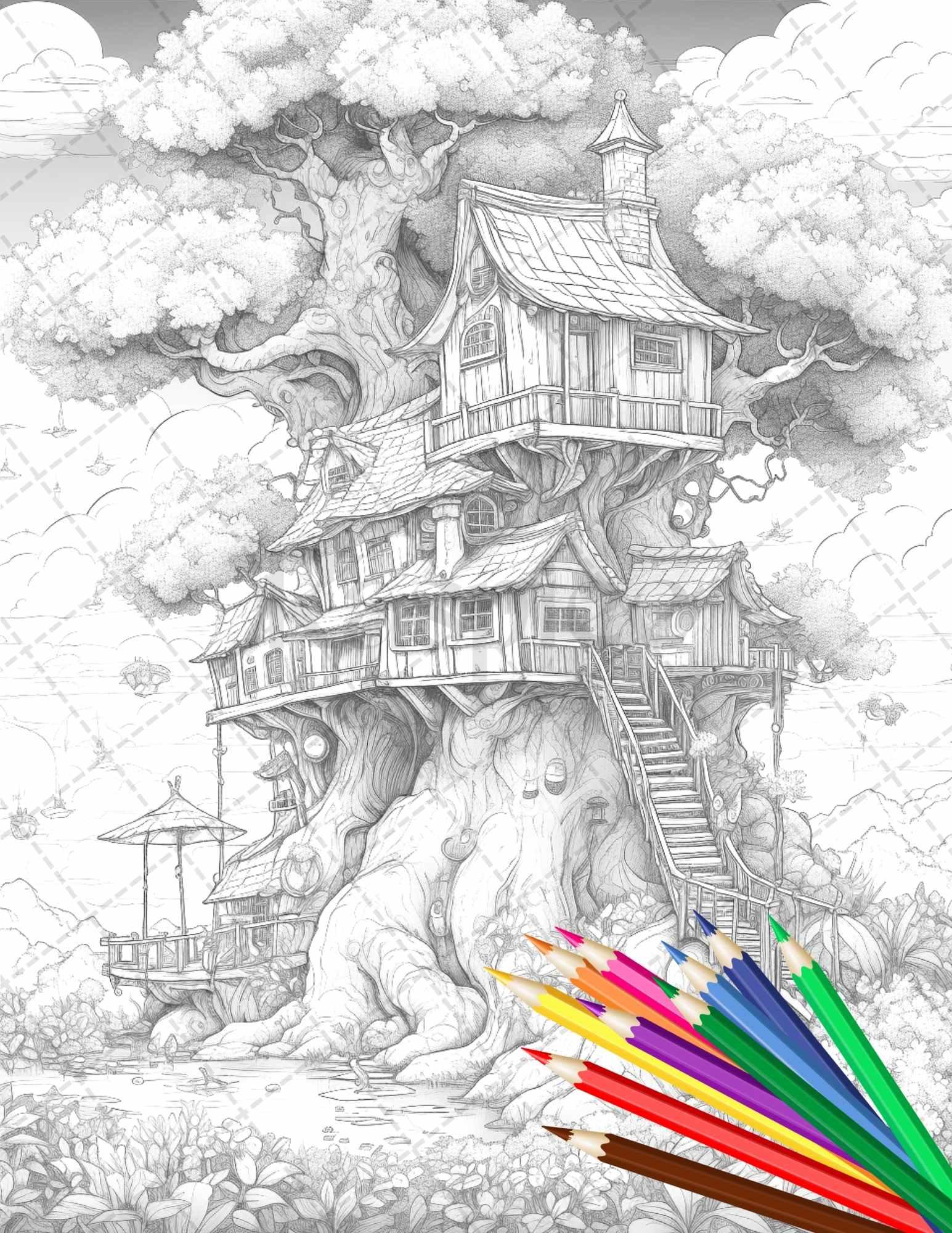 110 Enchanted Treehouse Coloring Book Printable for Adults, Grayscale Coloring Page, PDF File Instant Download