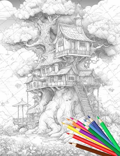 110 Enchanted Treehouse Coloring Book Printable for Adults, Grayscale Coloring Page, PDF File Instant Download