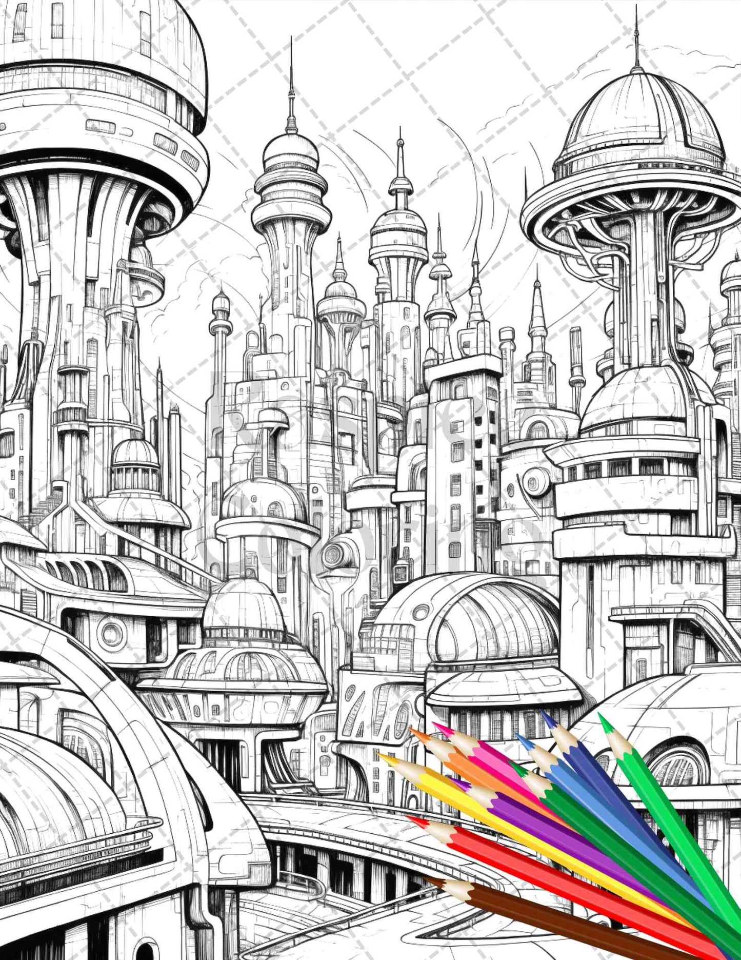 50 Futuristic Metropolis Grayscale Coloring Pages Printable for Adults, PDF File Instant Download
