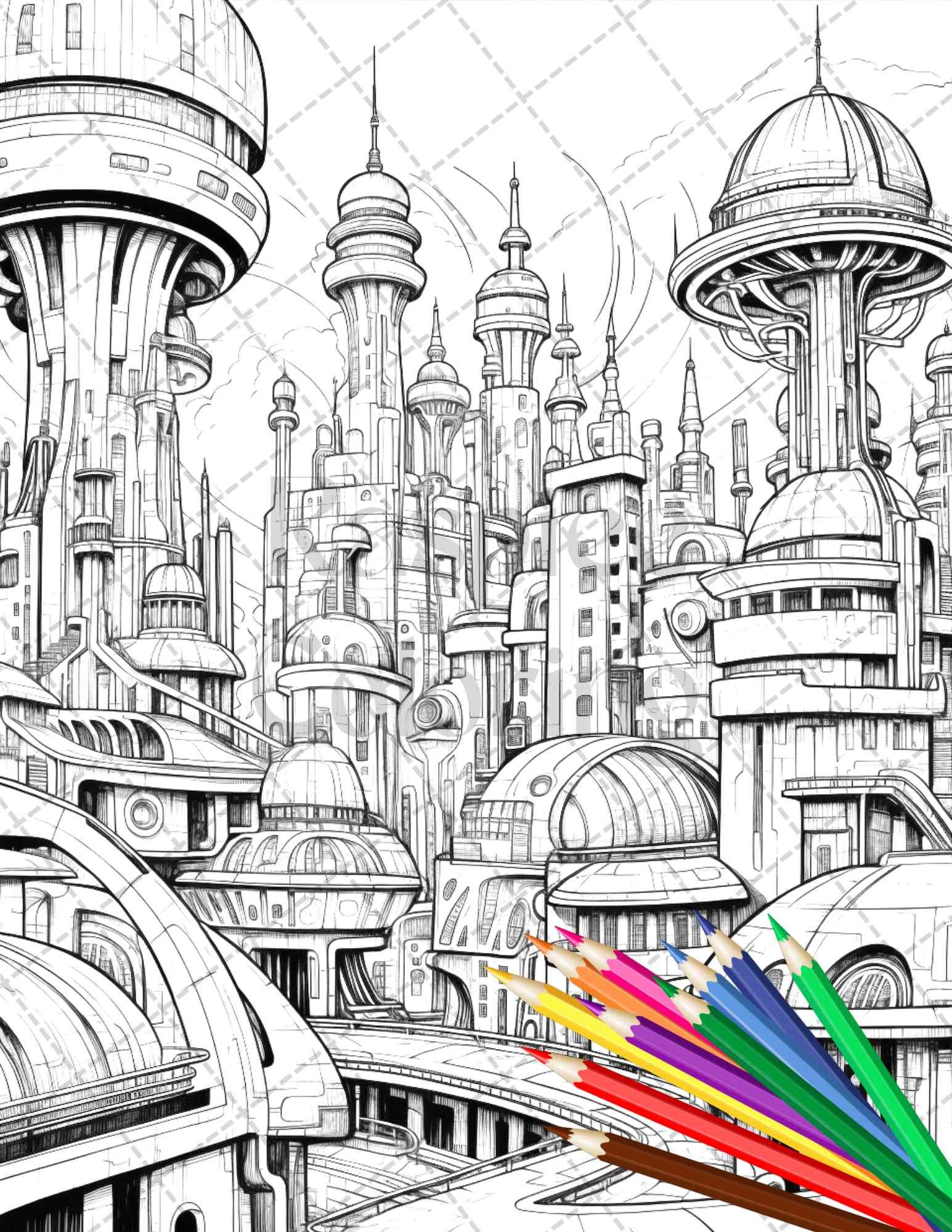 50 Futuristic Metropolis Grayscale Coloring Pages Printable for Adults, PDF File Instant Download