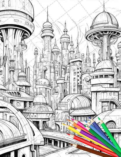 50 Futuristic Metropolis Grayscale Coloring Pages Printable for Adults, PDF File Instant Download