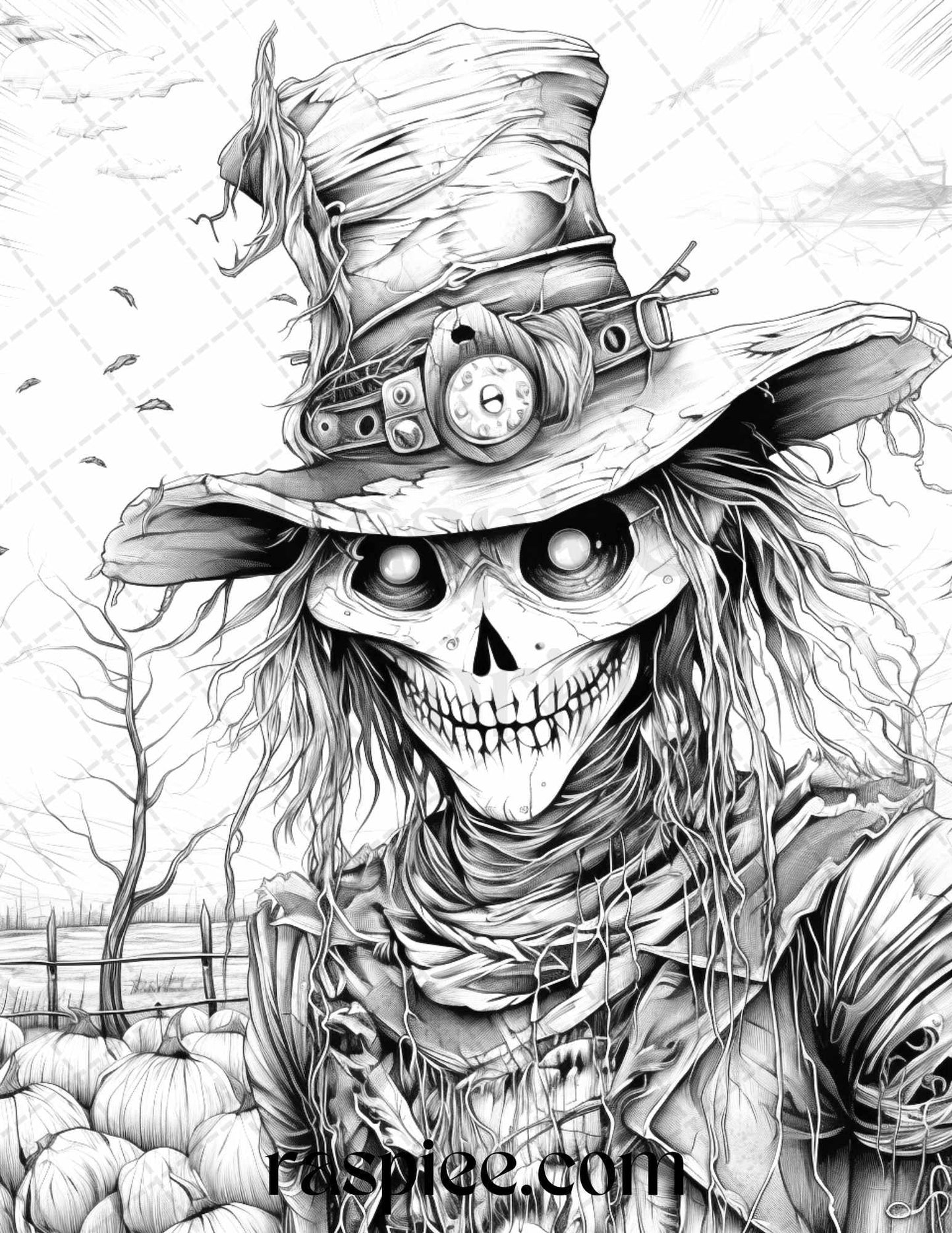 53 Scary Steampunk Scarecrows Grayscale Coloring Pages Printable for Adults, PDF File Instant Download